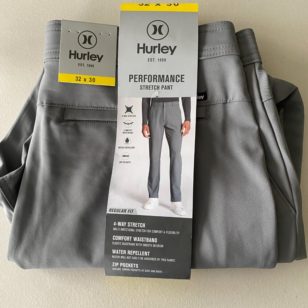 Hurley Men's water repellent Regular Fit Performance Stretch Gray Pants 32 x 30